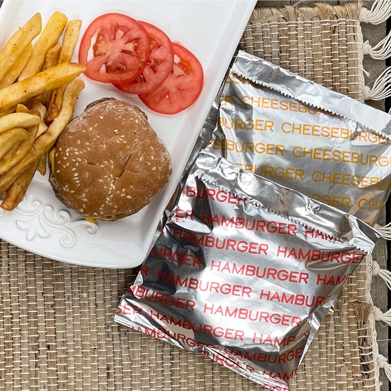 Outside the Box Papers Printed Foil Hamburger and Cheeseburger Bags - 50 Each - Silver Red Yellow - Image 1